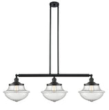 213-BK-G544 3-Light 42" Matte Black Island Light - Seedy Large Oxford Glass - LED Bulb - Dimmensions: 42 x 12 x 12<br>Minimum Height : 22.375<br>Maximum Height : 46.375 - Sloped Ceiling Compatible: Yes