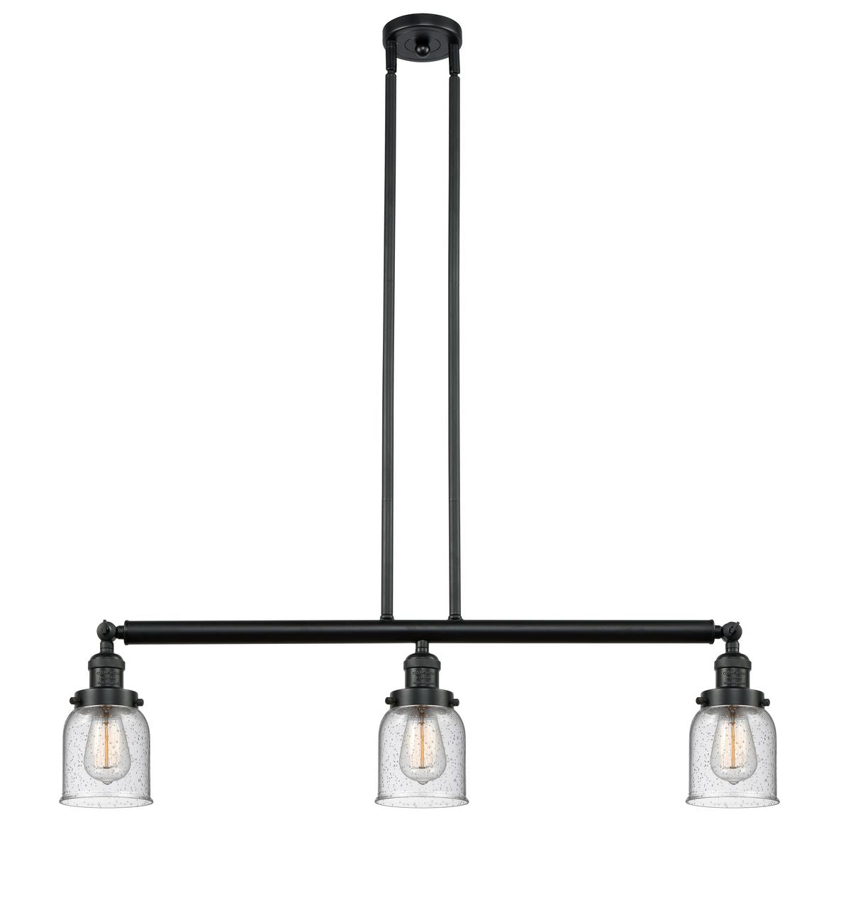 213-BK-G54 3-Light 37.5" Matte Black Island Light - Seedy Small Bell Glass - LED Bulb - Dimmensions: 37.5 x 7.5 x 10<br>Minimum Height : 20<br>Maximum Height : 44 - Sloped Ceiling Compatible: Yes
