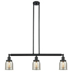 213-BK-G58 3-Light 37.5" Matte Black Island Light - Silver Plated Mercury Small Bell Glass - LED Bulb - Dimmensions: 37.5 x 5 x 10<br>Minimum Height : 20<br>Maximum Height : 44 - Sloped Ceiling Compatible: Yes
