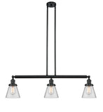 213-BK-G62 3-Light 38.75" Matte Black Island Light - Clear Small Cone Glass - LED Bulb - Dimmensions: 38.75 x 6 x 10<br>Minimum Height : 20<br>Maximum Height : 44 - Sloped Ceiling Compatible: Yes
