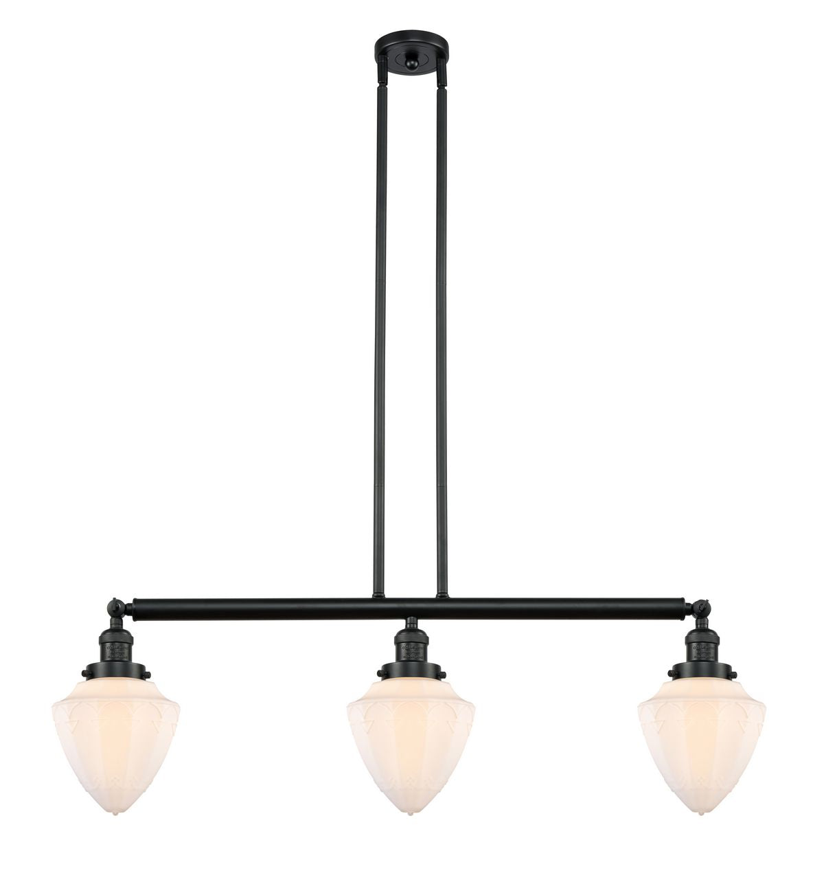 213-BK-G661-7 3-Light 38" Matte Black Island Light - Matte White Cased Small Bullet Glass - LED Bulb - Dimmensions: 38 x 7 x 15.25<br>Minimum Height : 24.25<br>Maximum Height : 48.25 - Sloped Ceiling Compatible: Yes