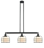 213-BK-G71-CE 3-Light 41.5" Matte Black Island Light - Matte White Cased Large Bell Cage Glass - LED Bulb - Dimmensions: 41.5 x 9 x 13<br>Minimum Height : 20.5<br>Maximum Height : 44.5 - Sloped Ceiling Compatible: Yes