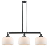 213-BK-G71-L 3-Light 42" Matte Black Island Light - Matte White Cased X-Large Bell Glass - LED Bulb - Dimmensions: 42 x 12 x 13<br>Minimum Height : 22.25<br>Maximum Height : 46.25 - Sloped Ceiling Compatible: Yes