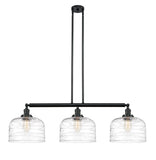 213-BK-G713-L 3-Light 42" Matte Black Island Light - Clear Deco Swirl X-Large Bell Glass - LED Bulb - Dimmensions: 42 x 12 x 13<br>Minimum Height : 22.25<br>Maximum Height : 46.25 - Sloped Ceiling Compatible: Yes