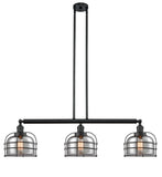 213-BK-G73-CE 3-Light 41.5" Matte Black Island Light - Plated Smoke Large Bell Cage Glass - LED Bulb - Dimmensions: 41.5 x 9 x 13<br>Minimum Height : 20.5<br>Maximum Height : 44.5 - Sloped Ceiling Compatible: Yes