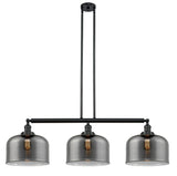 213-BK-G73-L 3-Light 42" Matte Black Island Light - Plated Smoke X-Large Bell Glass - LED Bulb - Dimmensions: 42 x 12 x 13<br>Minimum Height : 22.25<br>Maximum Height : 46.25 - Sloped Ceiling Compatible: Yes