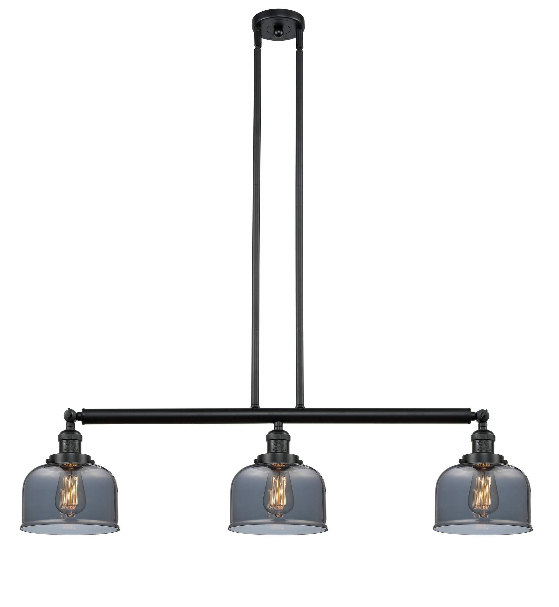 213-BK-G73 3-Light 40.5" Matte Black Island Light - Plated Smoke Large Bell Glass - LED Bulb - Dimmensions: 40.5 x 8 x 13<br>Minimum Height : 20<br>Maximum Height : 44 - Sloped Ceiling Compatible: Yes