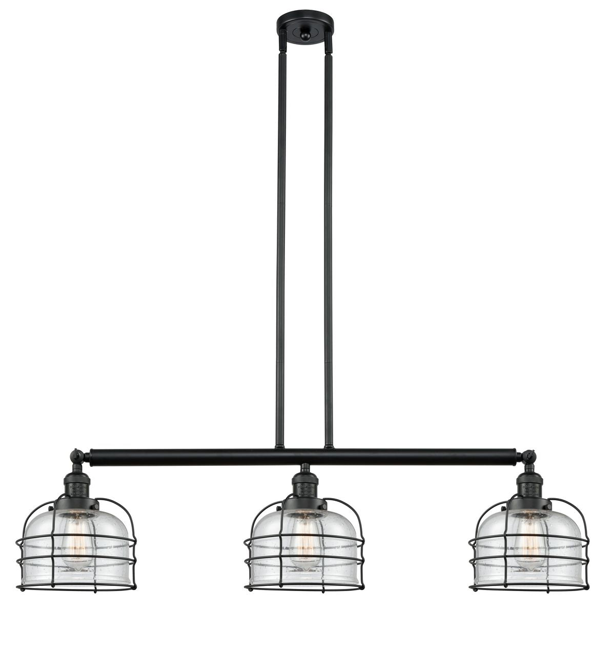 213-BK-G74-CE 3-Light 41.5" Matte Black Island Light - Seedy Large Bell Cage Glass - LED Bulb - Dimmensions: 41.5 x 9 x 13<br>Minimum Height : 20.5<br>Maximum Height : 44.5 - Sloped Ceiling Compatible: Yes