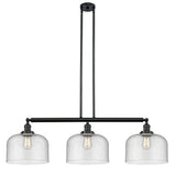 213-BK-G74-L 3-Light 42" Matte Black Island Light - Seedy X-Large Bell Glass - LED Bulb - Dimmensions: 42 x 12 x 13<br>Minimum Height : 22.25<br>Maximum Height : 46.25 - Sloped Ceiling Compatible: Yes