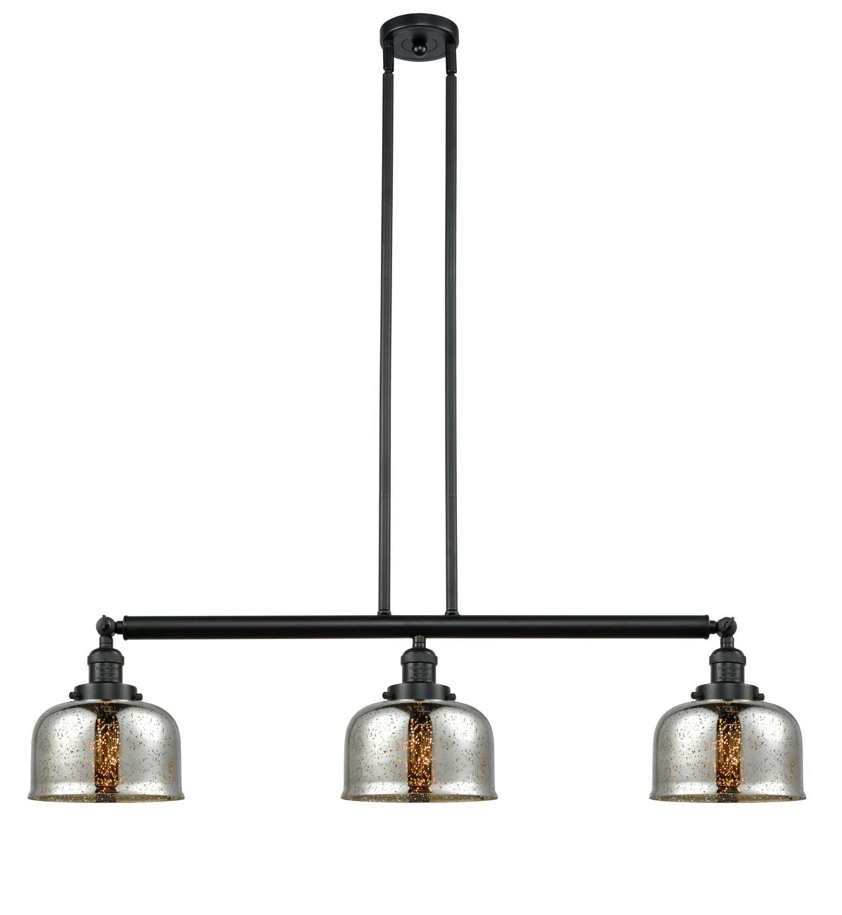 213-BK-G78 3-Light 40.5" Matte Black Island Light - Silver Plated Mercury Large Bell Glass - LED Bulb - Dimmensions: 40.5 x 8 x 13<br>Minimum Height : 20<br>Maximum Height : 44 - Sloped Ceiling Compatible: Yes