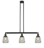 213-OB-G142 3-Light 38.75" Oil Rubbed Bronze Island Light - Clear Chatham Glass - LED Bulb - Dimmensions: 38.75 x 6.25 x 10<br>Minimum Height : 21<br>Maximum Height : 45 - Sloped Ceiling Compatible: Yes