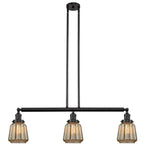 213-OB-G146 3-Light 38.75" Oil Rubbed Bronze Island Light - Mercury Plated Chatham Glass - LED Bulb - Dimmensions: 38.75 x 6.25 x 10<br>Minimum Height : 22.25<br>Maximum Height : 46.25 - Sloped Ceiling Compatible: Yes