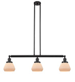 213-OB-G171 3-Light 39.25" Oil Rubbed Bronze Island Light - Matte White Cased Fulton Glass - LED Bulb - Dimmensions: 39.25 x 6.75 x 10<br>Minimum Height : 19.5<br>Maximum Height : 43.5 - Sloped Ceiling Compatible: Yes