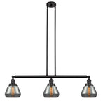 213-OB-G173 3-Light 39.25" Oil Rubbed Bronze Island Light - Plated Smoke Fulton Glass - LED Bulb - Dimmensions: 39.25 x 6.75 x 10<br>Minimum Height : 19.5<br>Maximum Height : 43.5 - Sloped Ceiling Compatible: Yes