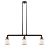 213-OB-G181S 3-Light 38.5" Oil Rubbed Bronze Island Light - Matte White Small Canton Glass - LED Bulb - Dimmensions: 38.5 x 6 x 11<br>Minimum Height : 19.75<br>Maximum Height : 43.75 - Sloped Ceiling Compatible: Yes
