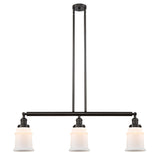 213-OB-G181 3-Light 38.5" Oil Rubbed Bronze Island Light - Matte White Canton Glass - LED Bulb - Dimmensions: 38.5 x 6 x 11<br>Minimum Height : 21.5<br>Maximum Height : 45.5 - Sloped Ceiling Compatible: Yes