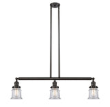 213-OB-G182S 3-Light 38.5" Oil Rubbed Bronze Island Light - Clear Small Canton Glass - LED Bulb - Dimmensions: 38.5 x 6 x 11<br>Minimum Height : 19.75<br>Maximum Height : 43.75 - Sloped Ceiling Compatible: Yes