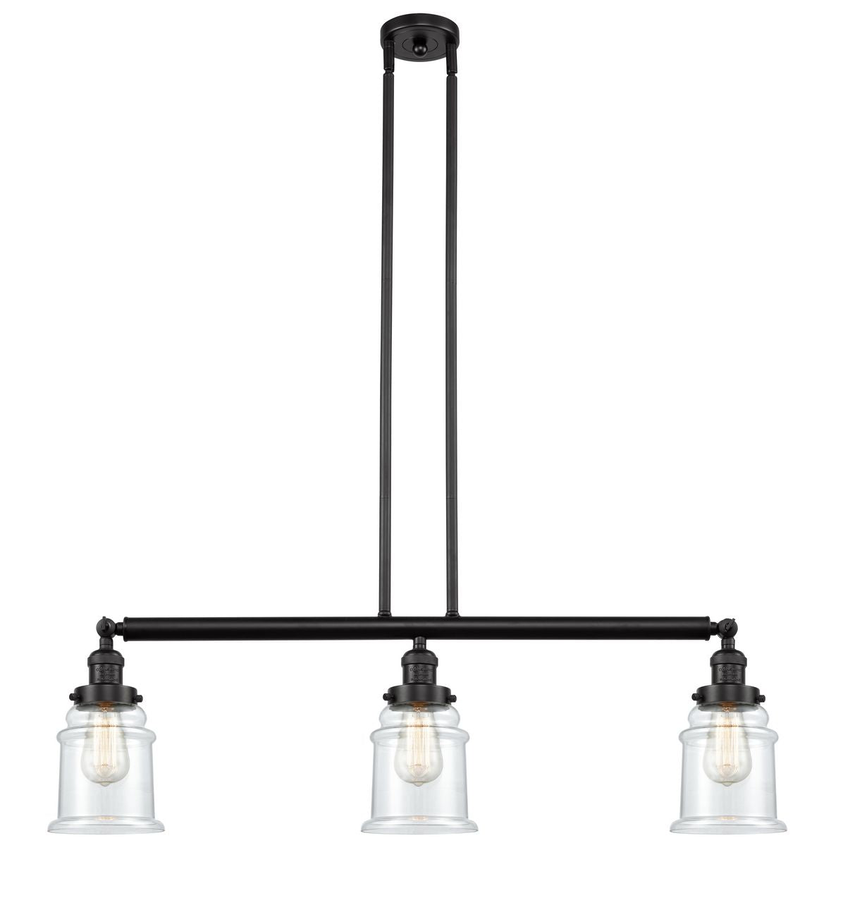 213-OB-G182 3-Light 38.5" Oil Rubbed Bronze Island Light - Clear Canton Glass - LED Bulb - Dimmensions: 38.5 x 6 x 11<br>Minimum Height : 21.5<br>Maximum Height : 45.5 - Sloped Ceiling Compatible: Yes