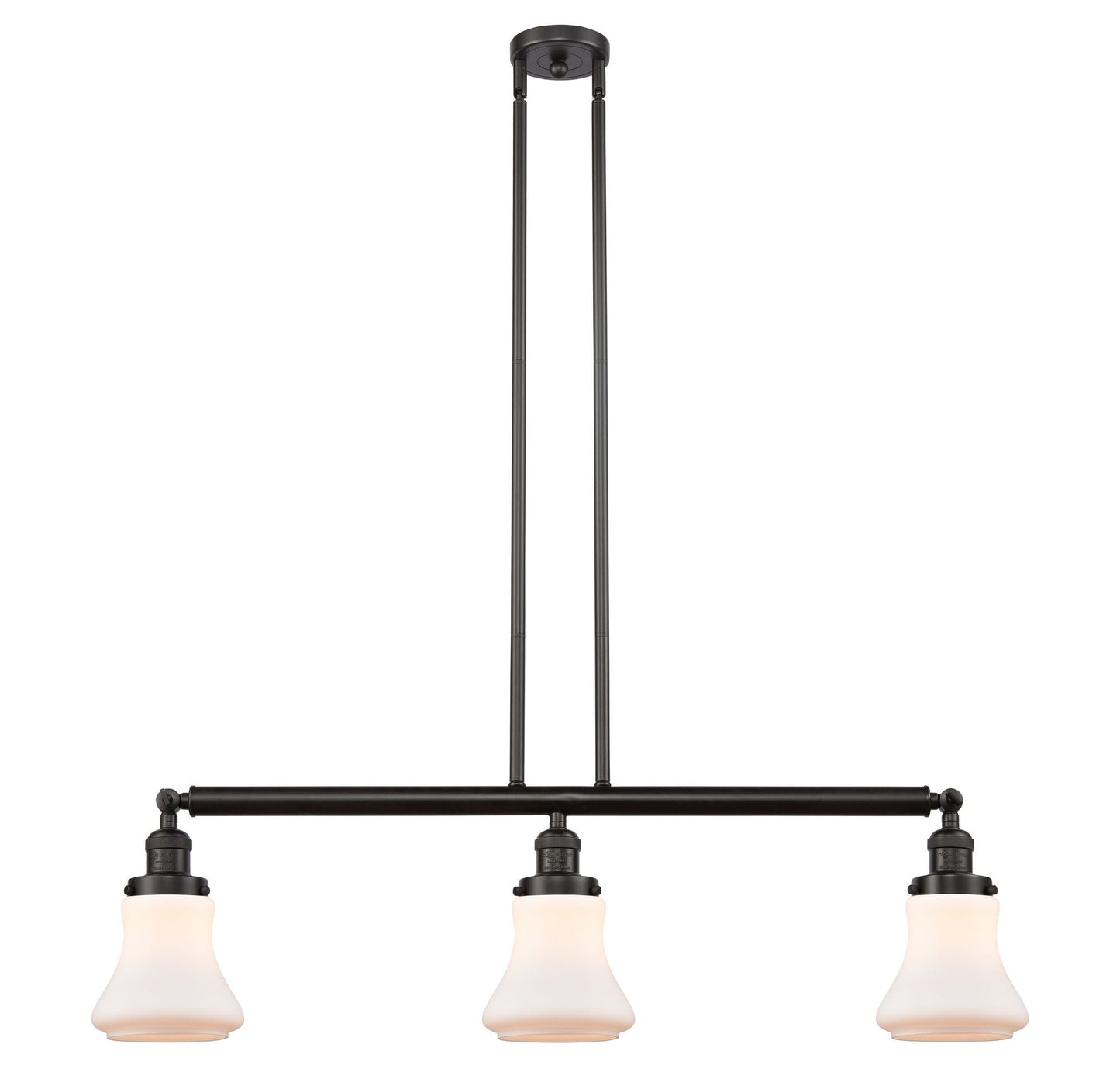 213-OB-G191 3-Light 38.75" Oil Rubbed Bronze Island Light - Matte White Bellmont Glass - LED Bulb - Dimmensions: 38.75 x 6.25 x 11<br>Minimum Height : 20.5<br>Maximum Height : 44.5 - Sloped Ceiling Compatible: Yes