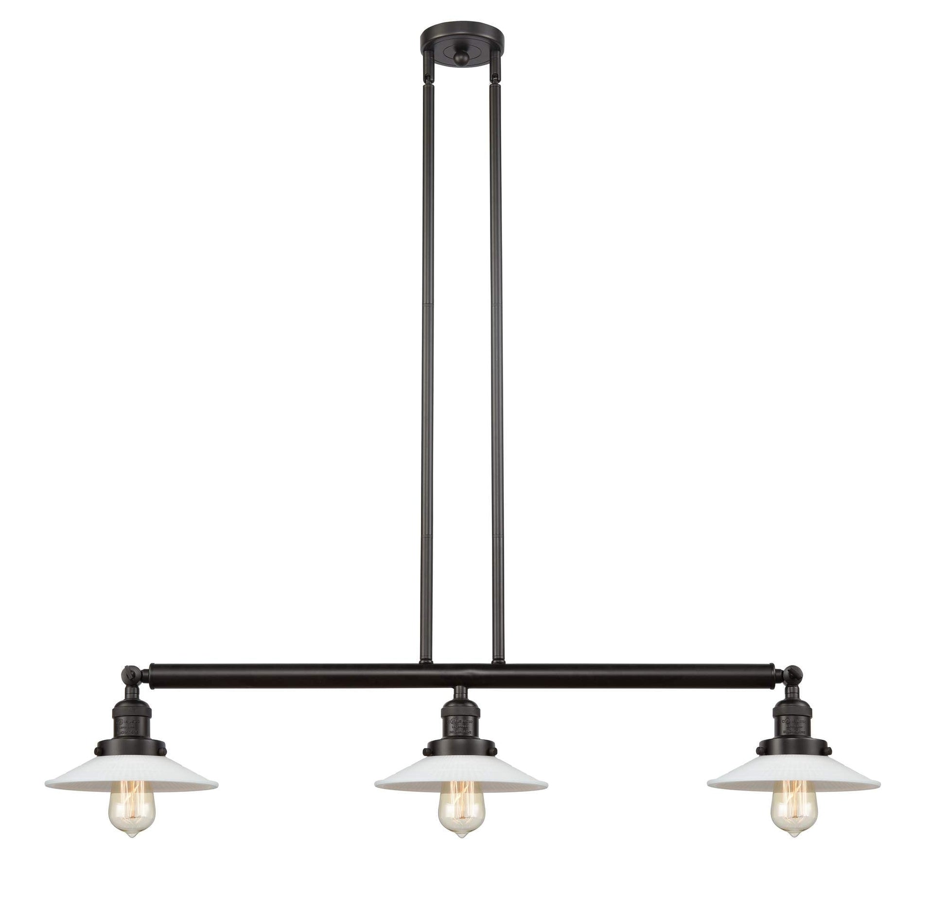 213-OB-G1 3-Light 41" Oil Rubbed Bronze Island Light - White Halophane Glass - LED Bulb - Dimmensions: 41 x 8.5 x 8<br>Minimum Height : 16.25<br>Maximum Height : 40.25 - Sloped Ceiling Compatible: Yes