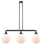 213-OB-G201-10 3-Light 42" Oil Rubbed Bronze Island Light - Matte White Cased Beacon Glass - LED Bulb - Dimmensions: 42 x 10 x 14<br>Minimum Height : 24<br>Maximum Height : 48 - Sloped Ceiling Compatible: Yes