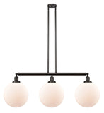 213-OB-G201-12 3-Light 44" Oil Rubbed Bronze Island Light - Matte White Cased Beacon Glass - LED Bulb - Dimmensions: 44 x 12 x 16<br>Minimum Height : 26<br>Maximum Height : 50 - Sloped Ceiling Compatible: Yes
