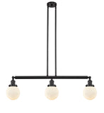 213-OB-G201-6 3-Light 38.5" Oil Rubbed Bronze Island Light - Matte White Cased Beacon Glass - LED Bulb - Dimmensions: 38.5 x 6 x 10.875<br>Minimum Height : 20<br>Maximum Height : 44 - Sloped Ceiling Compatible: Yes