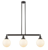213-OB-G201-8 3-Light 40.5" Oil Rubbed Bronze Island Light - Matte White Cased Beacon Glass - LED Bulb - Dimmensions: 40.5 x 8 x 12.875<br>Minimum Height : 22<br>Maximum Height : 46 - Sloped Ceiling Compatible: Yes
