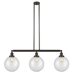 213-OB-G202-10 3-Light 42" Oil Rubbed Bronze Island Light - Clear Beacon Glass - LED Bulb - Dimmensions: 42 x 10 x 14<br>Minimum Height : 24<br>Maximum Height : 48 - Sloped Ceiling Compatible: Yes