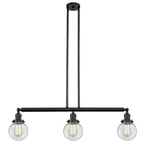 213-OB-G202-6 3-Light 38.5" Oil Rubbed Bronze Island Light - Clear Beacon Glass - LED Bulb - Dimmensions: 38.5 x 6 x 10.875<br>Minimum Height : 20<br>Maximum Height : 44 - Sloped Ceiling Compatible: Yes