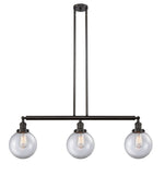 213-OB-G202-8 3-Light 40.5" Oil Rubbed Bronze Island Light - Clear Beacon Glass - LED Bulb - Dimmensions: 40.5 x 8 x 12.875<br>Minimum Height : 22<br>Maximum Height : 46 - Sloped Ceiling Compatible: Yes