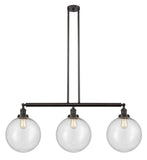 213-OB-G204-12 3-Light 44" Oil Rubbed Bronze Island Light - Seedy Beacon Glass - LED Bulb - Dimmensions: 44 x 12 x 16<br>Minimum Height : 26<br>Maximum Height : 50 - Sloped Ceiling Compatible: Yes