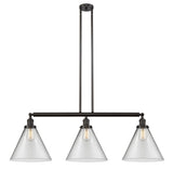 213-OB-G42-L 3-Light 44" Oil Rubbed Bronze Island Light - Clear Cone 12" Glass - LED Bulb - Dimmensions: 44 x 12 x 16<br>Minimum Height : 24.25<br>Maximum Height : 48.25 - Sloped Ceiling Compatible: Yes