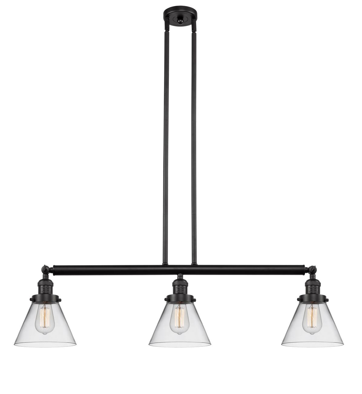 213-OB-G42 3-Light 40.25" Oil Rubbed Bronze Island Light - Clear Large Cone Glass - LED Bulb - Dimmensions: 40.25 x 7.75 x 10<br>Minimum Height : 20.25<br>Maximum Height : 44.25 - Sloped Ceiling Compatible: Yes