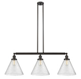 213-OB-G44-L 3-Light 44" Oil Rubbed Bronze Island Light - Seedy Cone 12" Glass - LED Bulb - Dimmensions: 44 x 12 x 16<br>Minimum Height : 24.25<br>Maximum Height : 48.25 - Sloped Ceiling Compatible: Yes