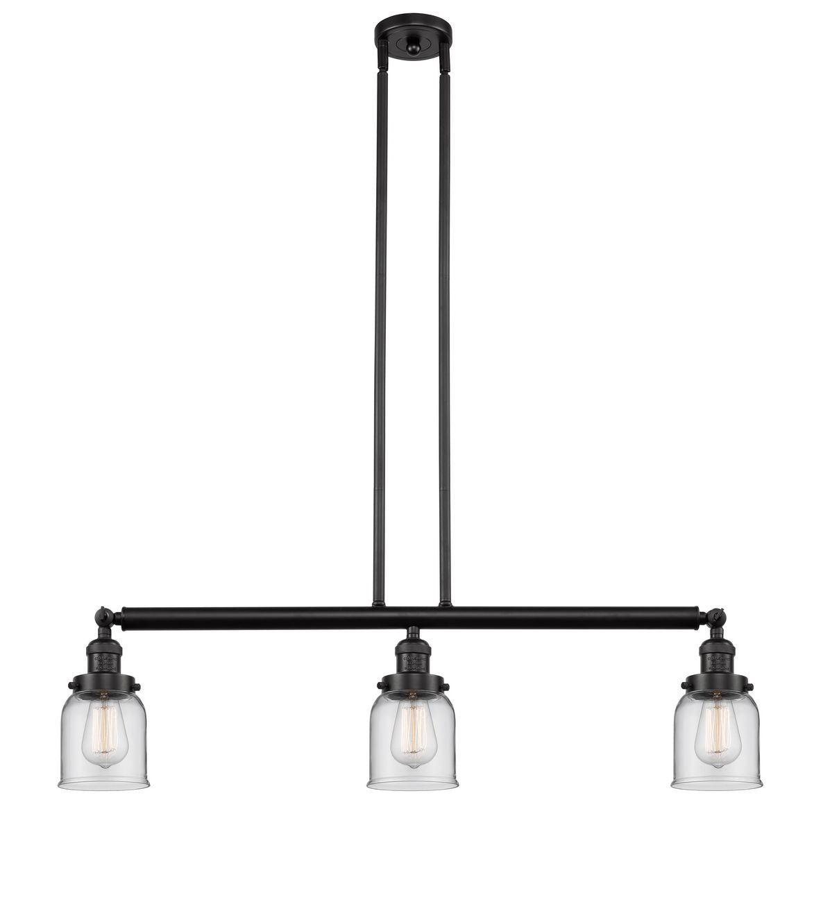 213-OB-G52 3-Light 37.5" Oil Rubbed Bronze Island Light - Clear Small Bell Glass - LED Bulb - Dimmensions: 37.5 x 5 x 10<br>Minimum Height : 20<br>Maximum Height : 44 - Sloped Ceiling Compatible: Yes
