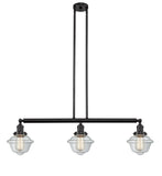 213-OB-G532 3-Light 40" Oil Rubbed Bronze Island Light - Clear Small Oxford Glass - LED Bulb - Dimmensions: 40 x 7.5 x 10<br>Minimum Height : 20<br>Maximum Height : 44 - Sloped Ceiling Compatible: Yes