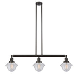 213-OB-G534 3-Light 40" Oil Rubbed Bronze Island Light - Seedy Small Oxford Glass - LED Bulb - Dimmensions: 40 x 7.5 x 10<br>Minimum Height : 20<br>Maximum Height : 44 - Sloped Ceiling Compatible: Yes