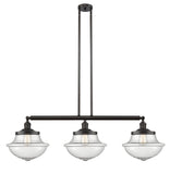 213-OB-G544 3-Light 42" Oil Rubbed Bronze Island Light - Seedy Large Oxford Glass - LED Bulb - Dimmensions: 42 x 12 x 12<br>Minimum Height : 22.375<br>Maximum Height : 46.375 - Sloped Ceiling Compatible: Yes