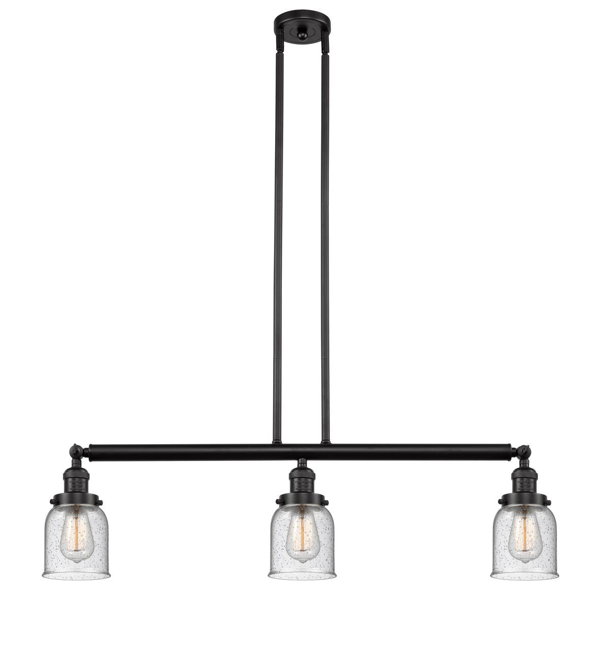 213-OB-G54 3-Light 37.5" Oil Rubbed Bronze Island Light - Seedy Small Bell Glass - LED Bulb - Dimmensions: 37.5 x 7.5 x 10<br>Minimum Height : 20<br>Maximum Height : 44 - Sloped Ceiling Compatible: Yes