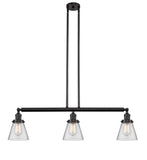 213-OB-G62 3-Light 38.75" Oil Rubbed Bronze Island Light - Clear Small Cone Glass - LED Bulb - Dimmensions: 38.75 x 6 x 10<br>Minimum Height : 20<br>Maximum Height : 44 - Sloped Ceiling Compatible: Yes