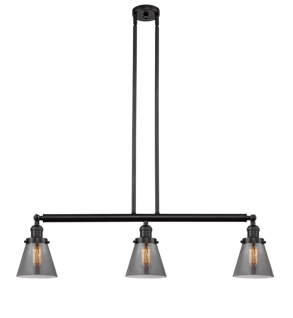 213-OB-G63 3-Light 38.75" Oil Rubbed Bronze Island Light - Plated Smoke Small Cone Glass - LED Bulb - Dimmensions: 38.75 x 6 x 10<br>Minimum Height : 20<br>Maximum Height : 44 - Sloped Ceiling Compatible: Yes