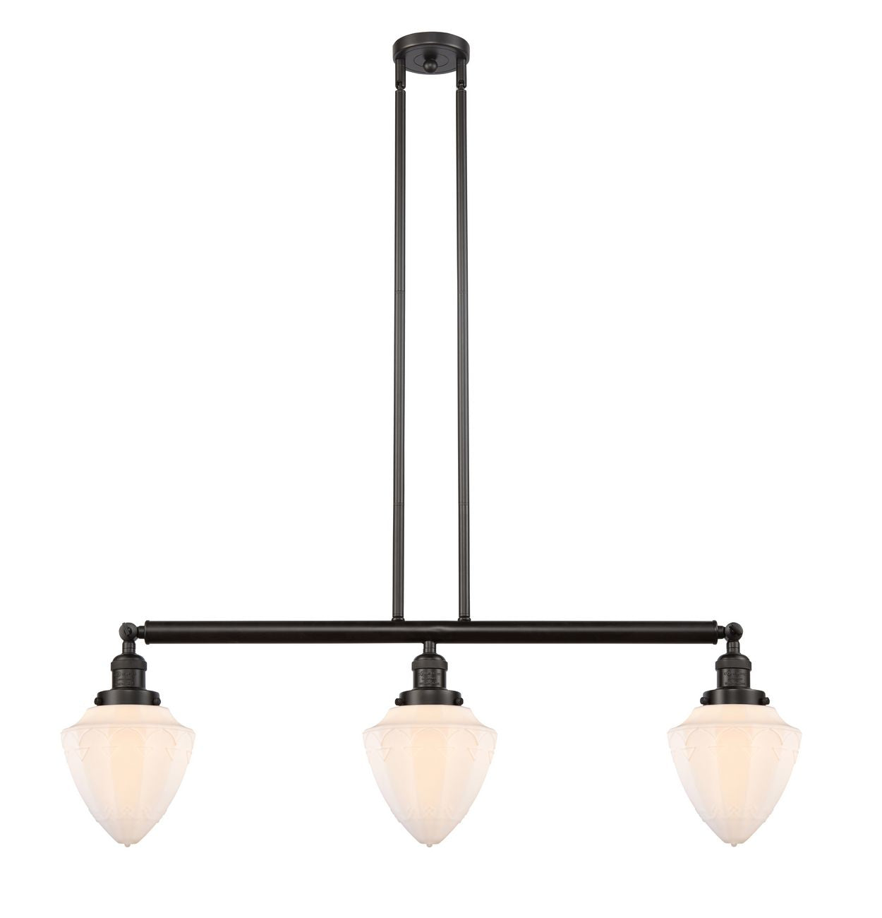 213-OB-G661-7 3-Light 38" Oil Rubbed Bronze Island Light - Matte White Cased Small Bullet Glass - LED Bulb - Dimmensions: 38 x 7 x 15.25<br>Minimum Height : 24.25<br>Maximum Height : 48.25 - Sloped Ceiling Compatible: Yes