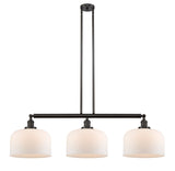 213-OB-G71-L 3-Light 42" Oil Rubbed Bronze Island Light - Matte White Cased X-Large Bell Glass - LED Bulb - Dimmensions: 42 x 12 x 13<br>Minimum Height : 22.25<br>Maximum Height : 46.25 - Sloped Ceiling Compatible: Yes