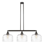 213-OB-G713-L 3-Light 42" Oil Rubbed Bronze Island Light - Clear Deco Swirl X-Large Bell Glass - LED Bulb - Dimmensions: 42 x 12 x 13<br>Minimum Height : 22.25<br>Maximum Height : 46.25 - Sloped Ceiling Compatible: Yes