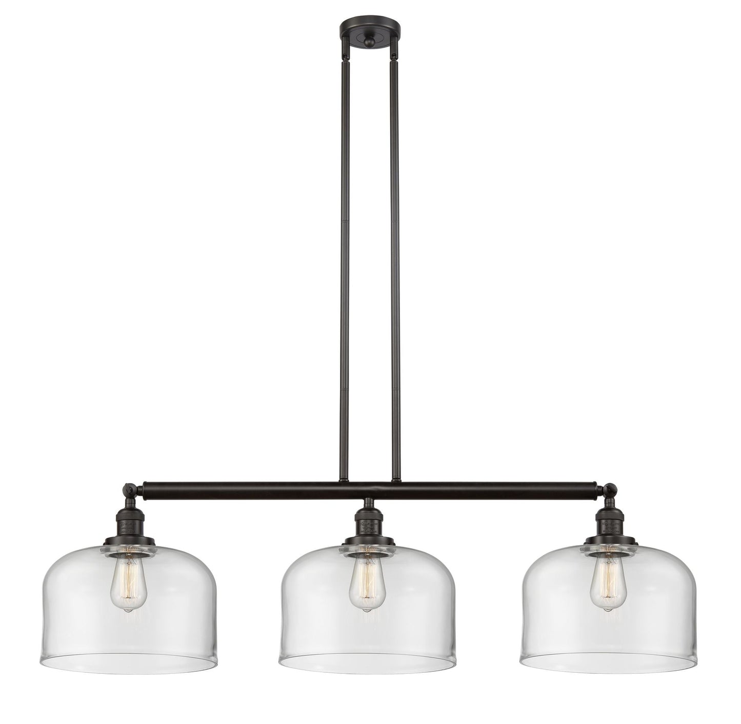 213-OB-G72-L 3-Light 42" Oil Rubbed Bronze Island Light - Clear X-Large Bell Glass - LED Bulb - Dimmensions: 42 x 12 x 13<br>Minimum Height : 22.25<br>Maximum Height : 46.25 - Sloped Ceiling Compatible: Yes