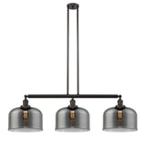 213-OB-G73-L 3-Light 42" Oil Rubbed Bronze Island Light - Plated Smoke X-Large Bell Glass - LED Bulb - Dimmensions: 42 x 12 x 13<br>Minimum Height : 22.25<br>Maximum Height : 46.25 - Sloped Ceiling Compatible: Yes