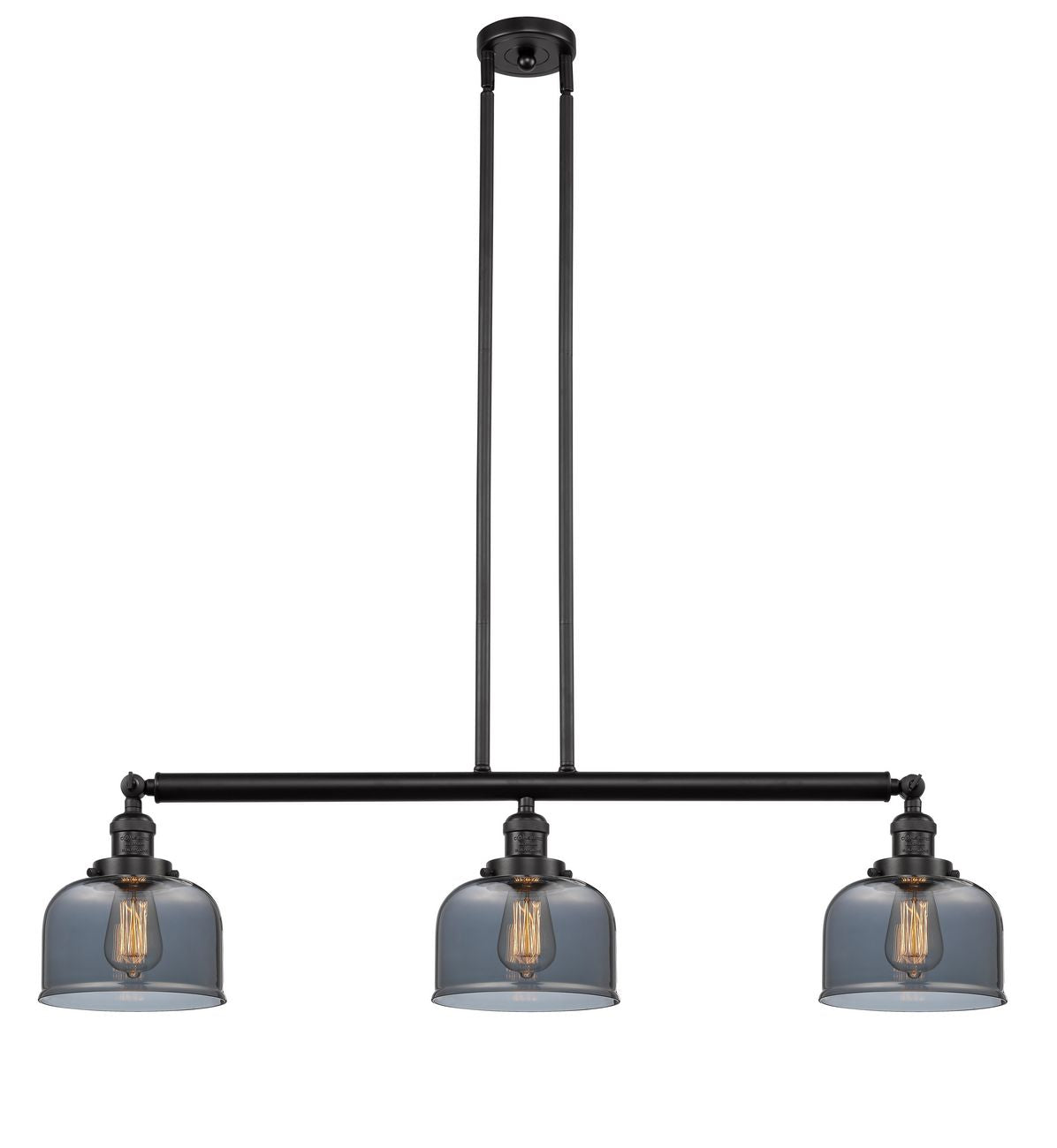 213-OB-G73 3-Light 40.5" Oil Rubbed Bronze Island Light - Plated Smoke Large Bell Glass - LED Bulb - Dimmensions: 40.5 x 8 x 13<br>Minimum Height : 20<br>Maximum Height : 44 - Sloped Ceiling Compatible: Yes