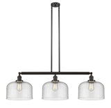 213-OB-G74-L 3-Light 42" Oil Rubbed Bronze Island Light - Seedy X-Large Bell Glass - LED Bulb - Dimmensions: 42 x 12 x 13<br>Minimum Height : 22.25<br>Maximum Height : 46.25 - Sloped Ceiling Compatible: Yes