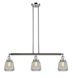 213-PC-G142 3-Light 38.75" Polished Chrome Island Light - Clear Chatham Glass - LED Bulb - Dimmensions: 38.75 x 6.25 x 10<br>Minimum Height : 21<br>Maximum Height : 45 - Sloped Ceiling Compatible: Yes
